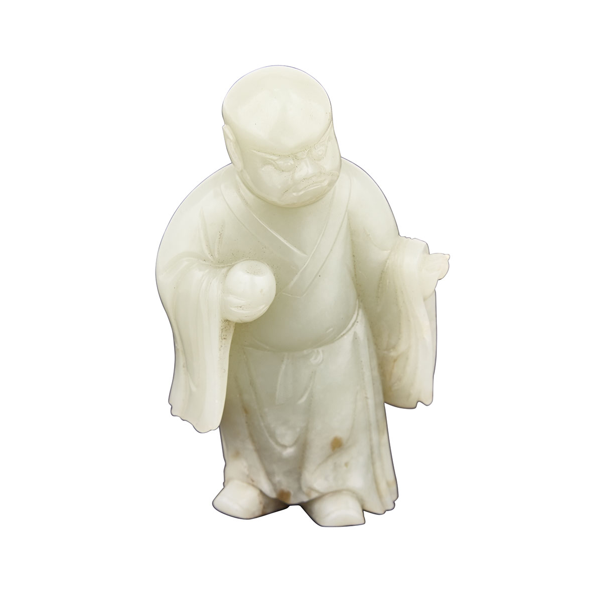A Rare Carved Celadon White Jade Figure of Lohan, Qing Dynasty, 19th Century