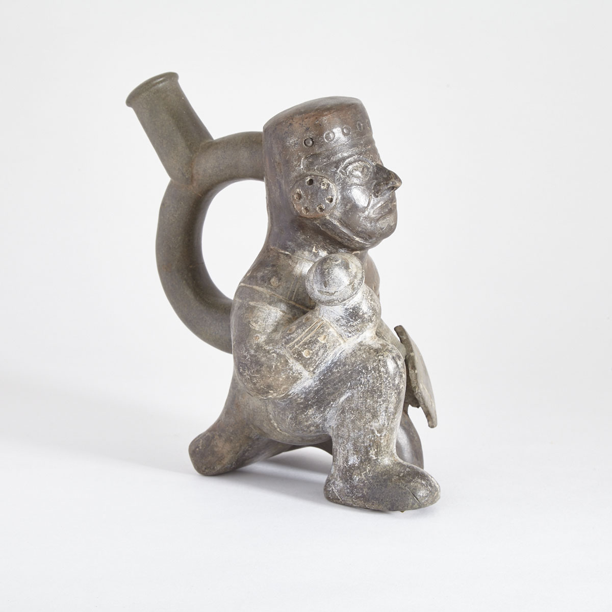 Early Mochica Greyware Figural Stirrup Vessel, 400-100 B.C.