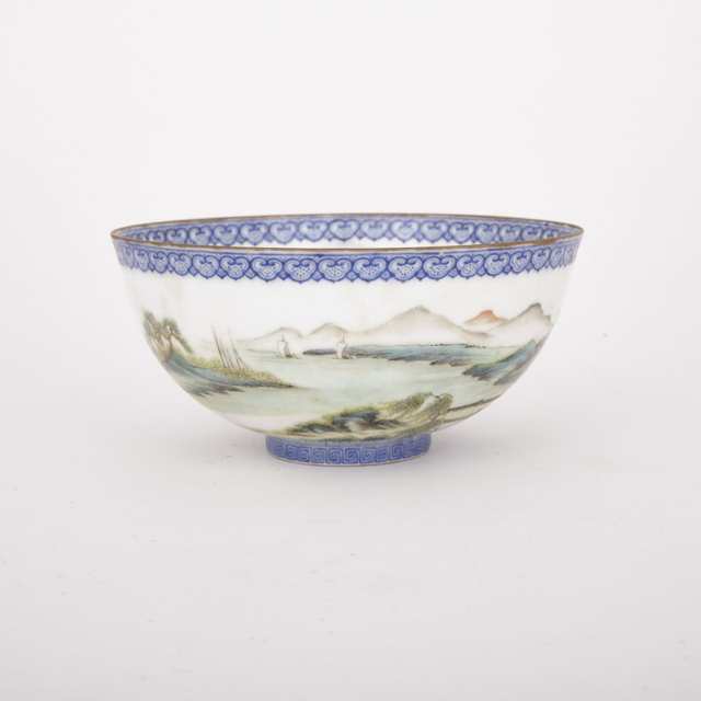 Delicate Eggshell Bowl with Landscape Painting, Qianlong Mark, Early 20th Century