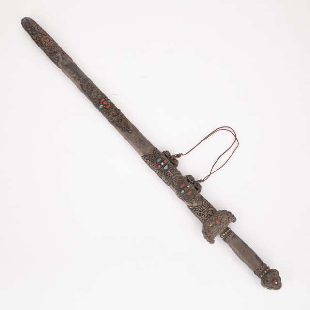 Sino-Tibetan Silvered and Hardstone Inlaid Sword, Early 20th Century