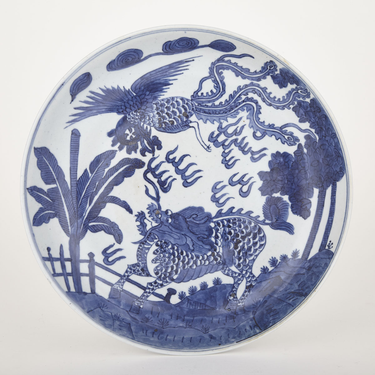 Blue and White Phoenix and Qilin Charger, Qing Dynasty