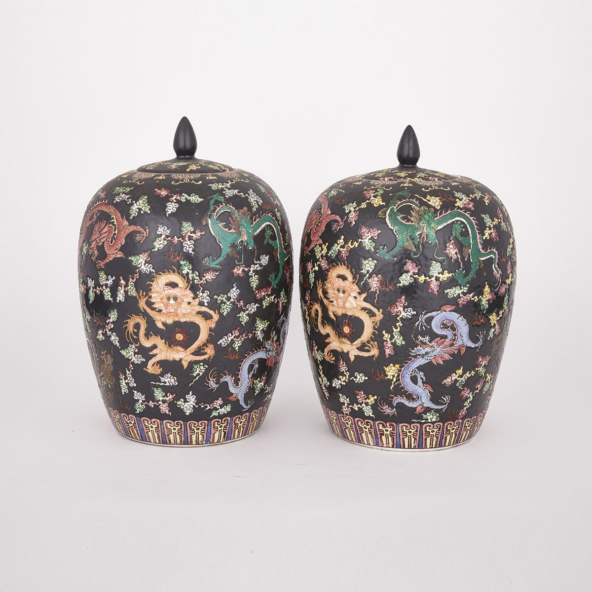 Pair of Famille Noir Covered Jars, Qianlong Mark, Early 20th Century