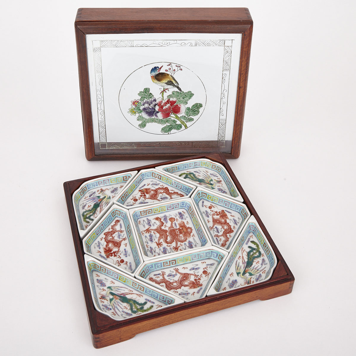 Famille Rose Saucer Set with Huanghuali Mixed Wood Box, Early 20th Century