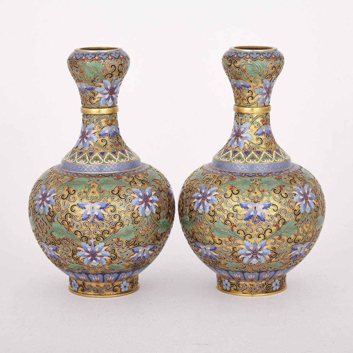Pair of Canton Style Garlic-Headed Champleve Vases, 20th Century