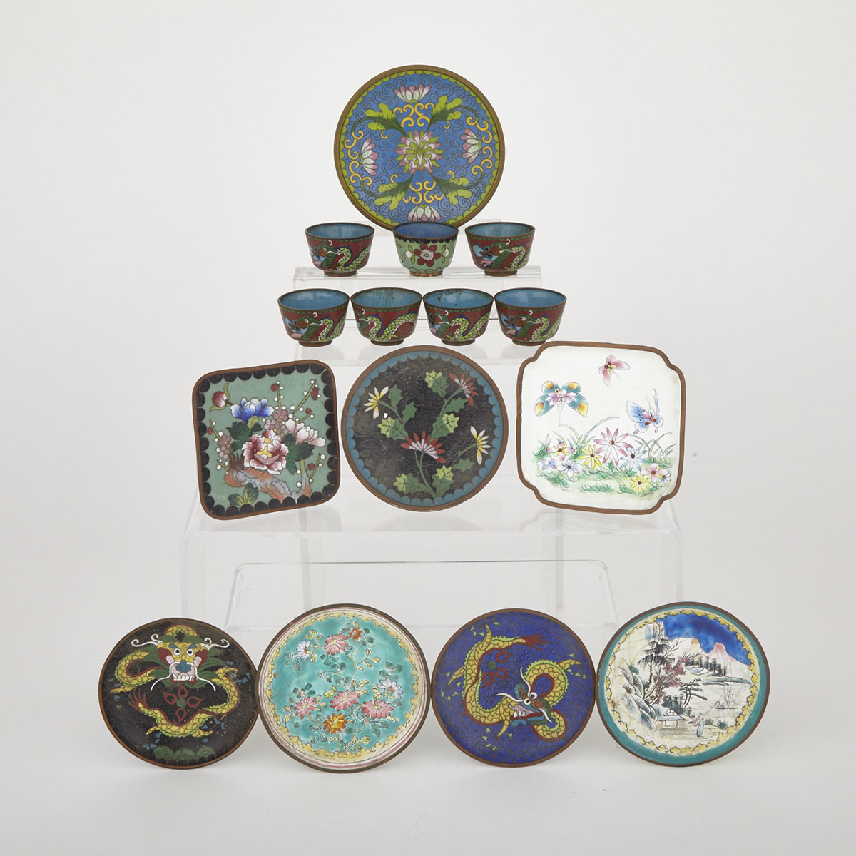 Twelve Pieces of Cloisonne with Three Copper Enamel Dishes, Early 20th Century 