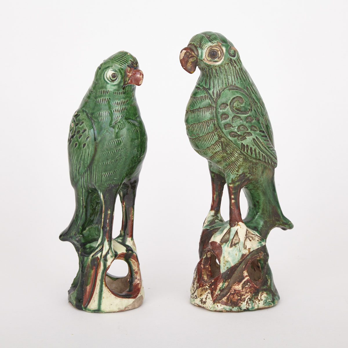 Matched Pair of Green Glazed Persian Pottery Parrots, 19th Century 