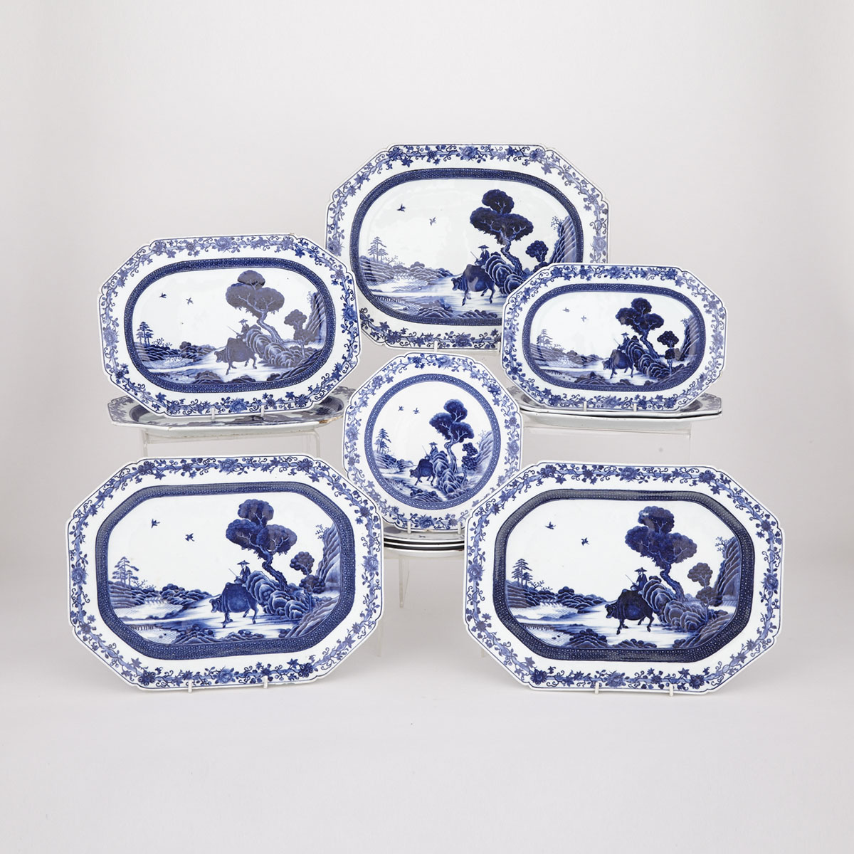 Group of Thirteen Blue and White Export Dinner Service, 19th Century 
