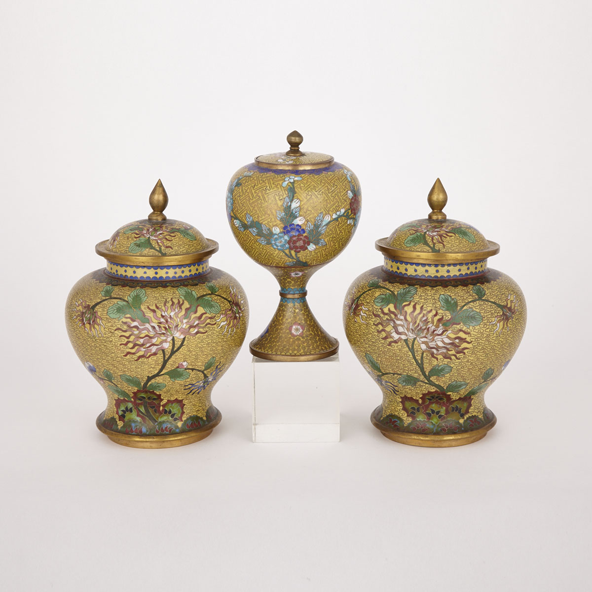 Three Yellow Ground Cloisonne Vessels, early 20th Century