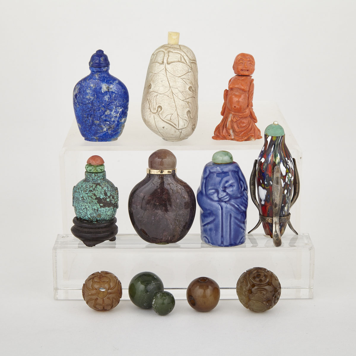 Seven Snuff Bottles with Four Jade Beads, Early 20th Century