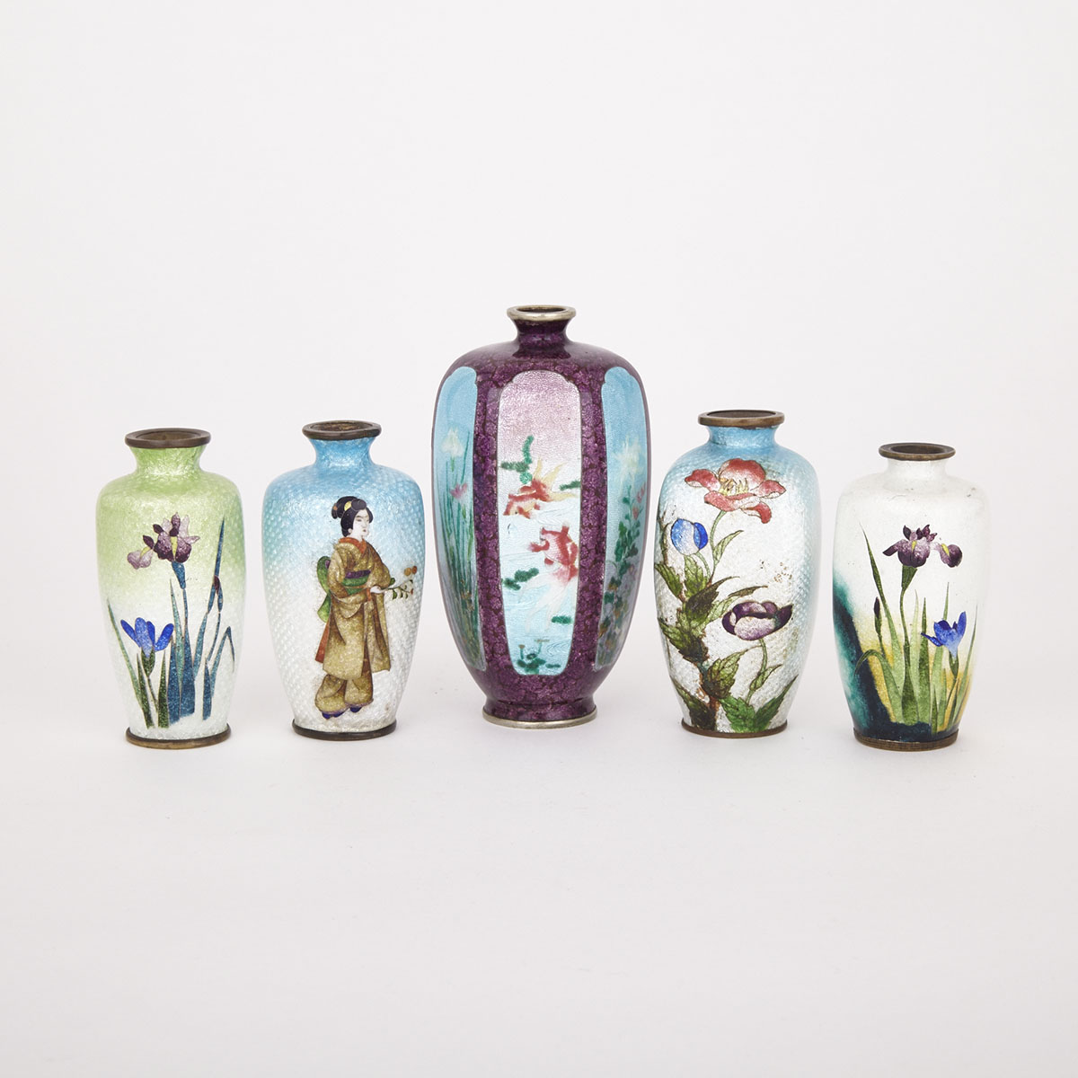 Group of Five Japanese Miniature Cloisonne Vases, 19th/20th Century