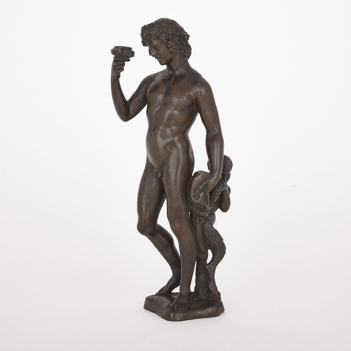 Italian ‘Grand Tour Souvenir’ Patinated Bronze Figure of Bacchus with Faun, after the model by Michelangelo, 19th century