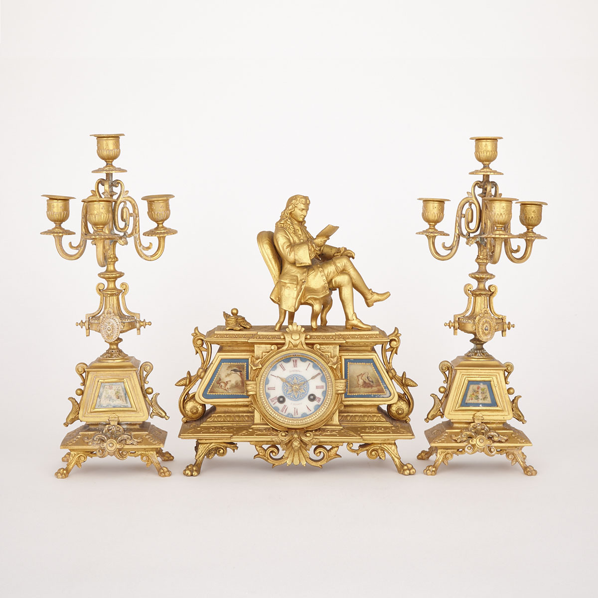 French Neo-Grec Gilt Metal Three Piece Figural Mantel Clock Garniture, c.1860