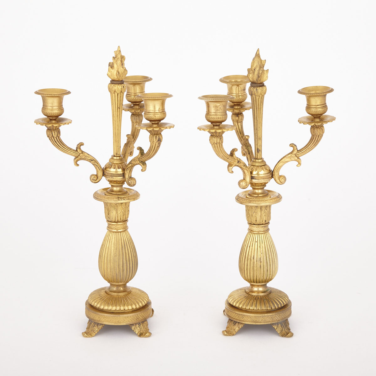 Pair of Austrian Empire Style Gilt Bronze Three Light Candelabra, late 19th/early 20th century