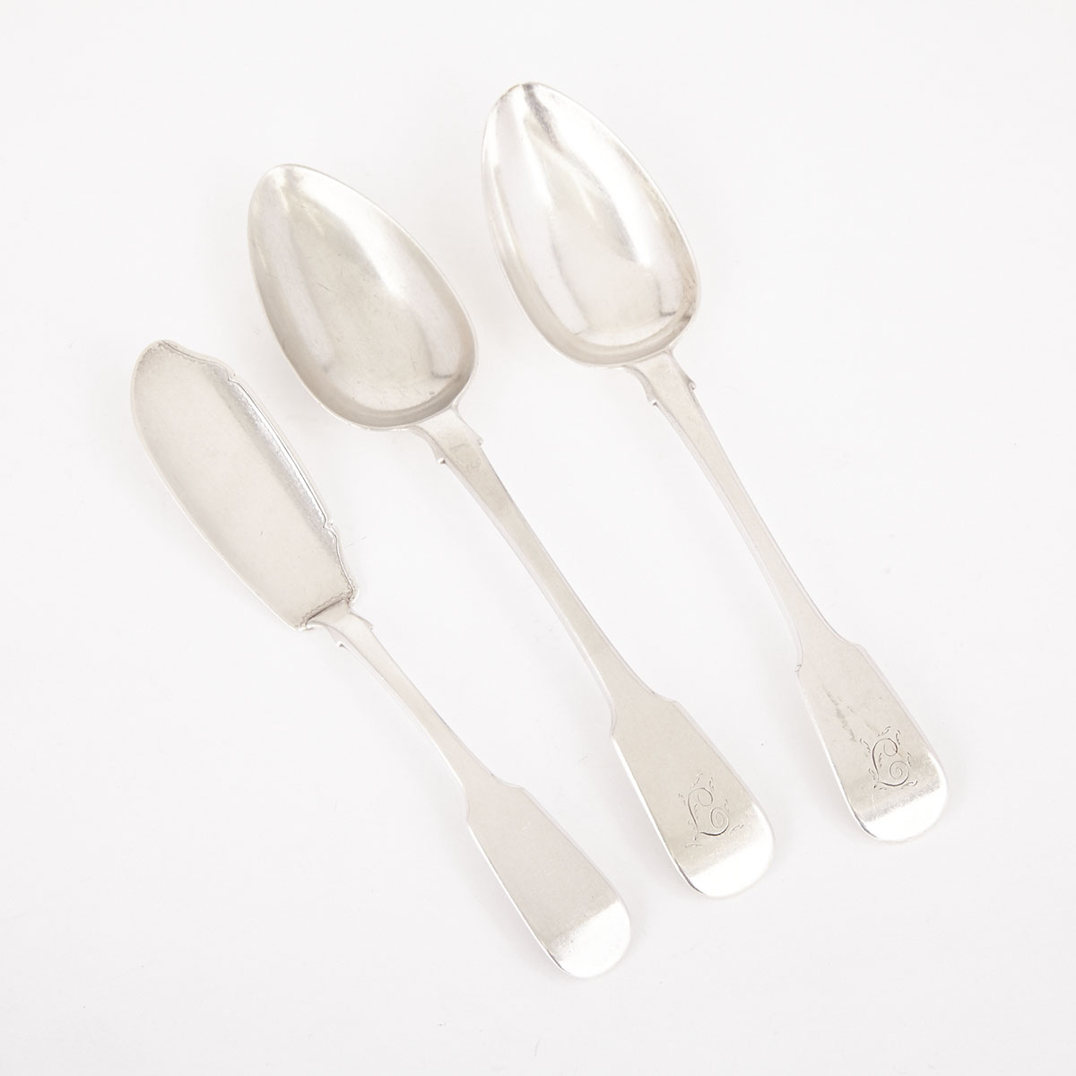 Pair of Canadian Silver Fiddle Pattern Table Spoons and a Butter Knife, Laurent Amiot, Quebec City, Que., c.1820