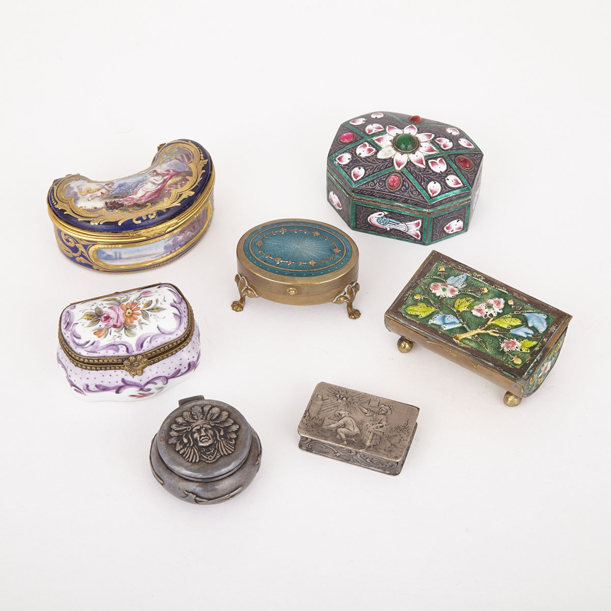 Group of Seven Silver, Enameled Metal and Porcelain Snuff Boxes, 20th century