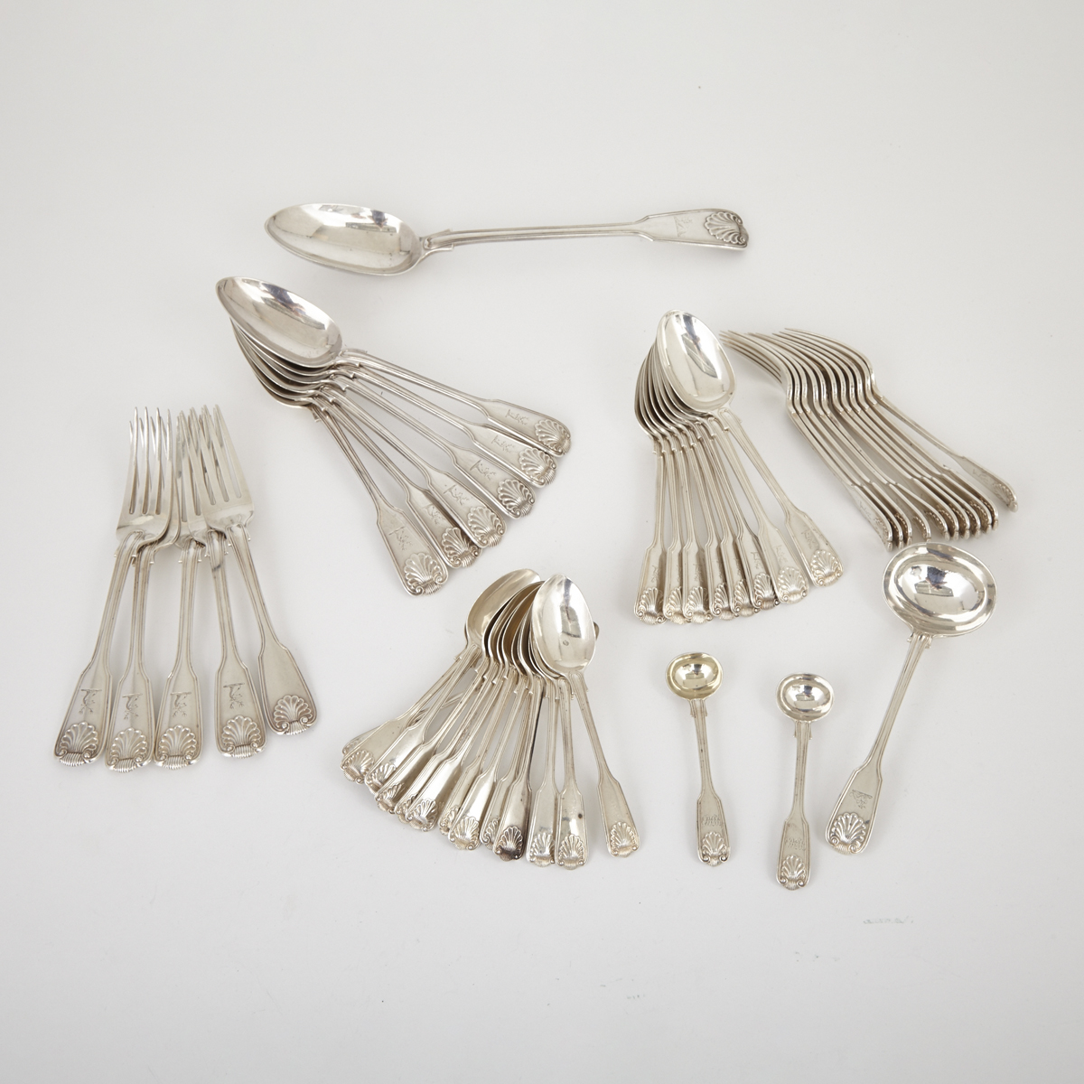 Assembled Victorian Silver Fiddle, Thread and Shell Pattern Flatware Service, mainly George Adams, London, 1825-1902