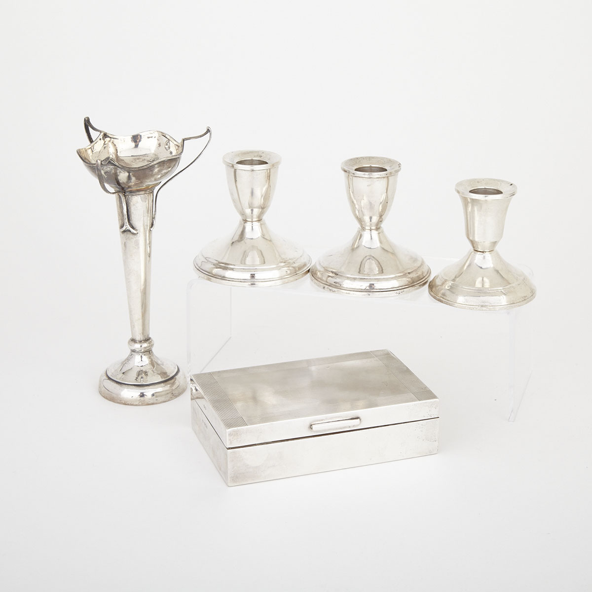 English Silver Cigarette Box, London, 1949, American Silver Bud Vase and Three Low Candlesticks, 20th century