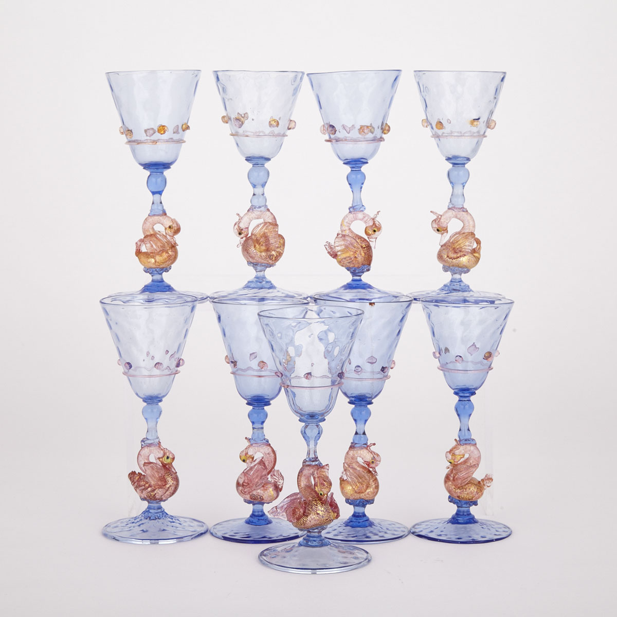 Nine Venetian Swan Stemmed Wine Glasses, 20th century