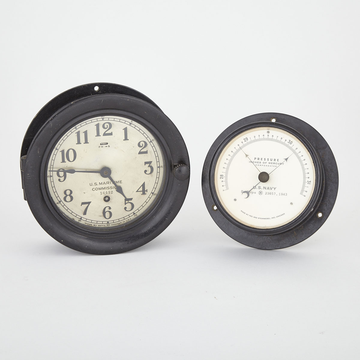 WW II U. S. Maritime Commission Seth Thomas Ship’s Chronometer and a U. S. Navy Marine Barometer, 1943