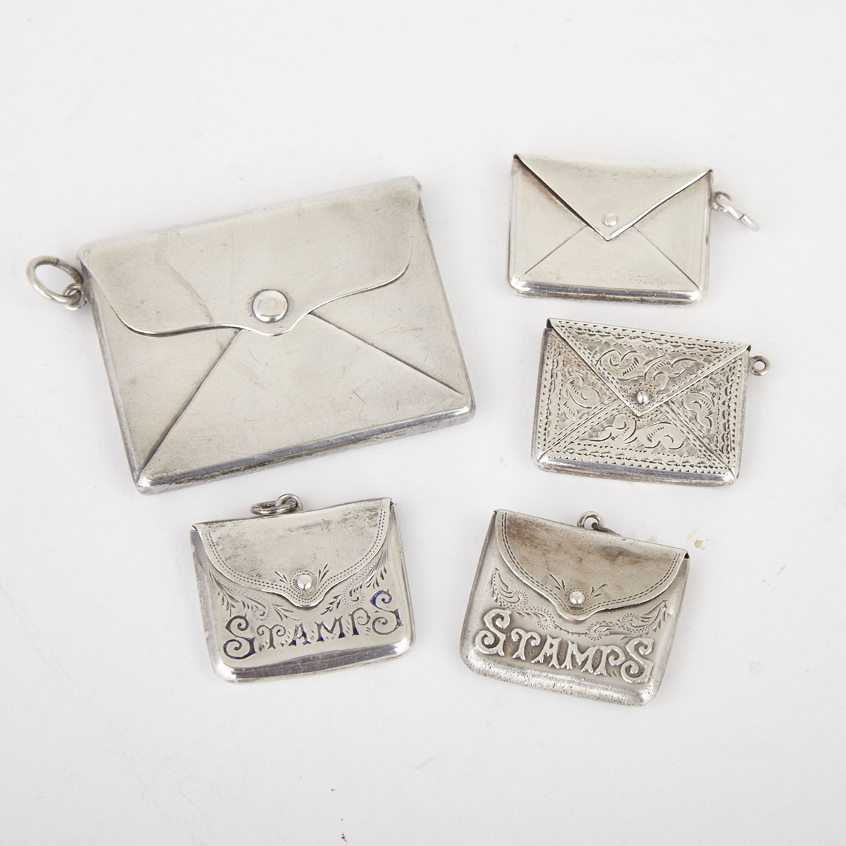 Five English Silver Stamp Cases, Birmingham, 1904-1912