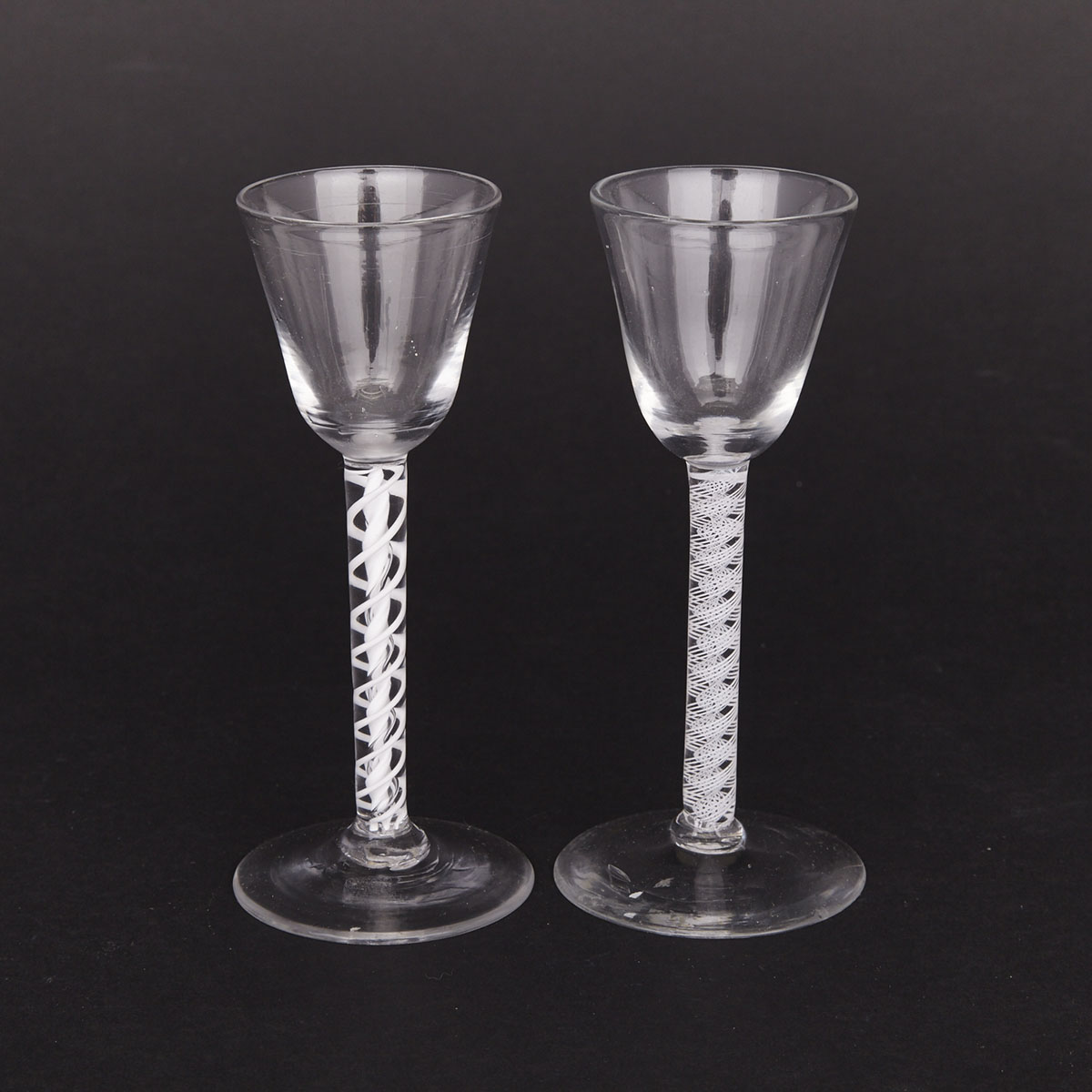 Two English Opaque Twist Stemmed Wine Glasses, 18th century
