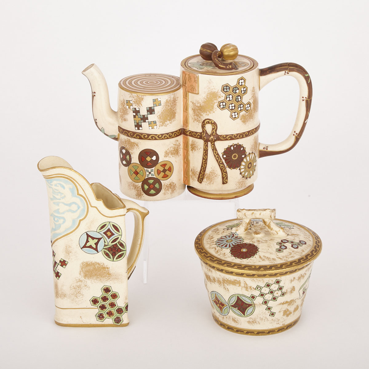 Worcester Aesthetic Movement Teapot, Cream Jug and Covered Sugar Bowl, late 19th century