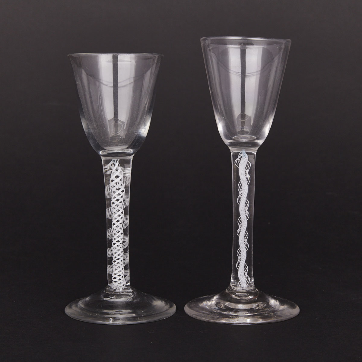 Two Opaque Twist Stemmed Wine Glasses, 19th century