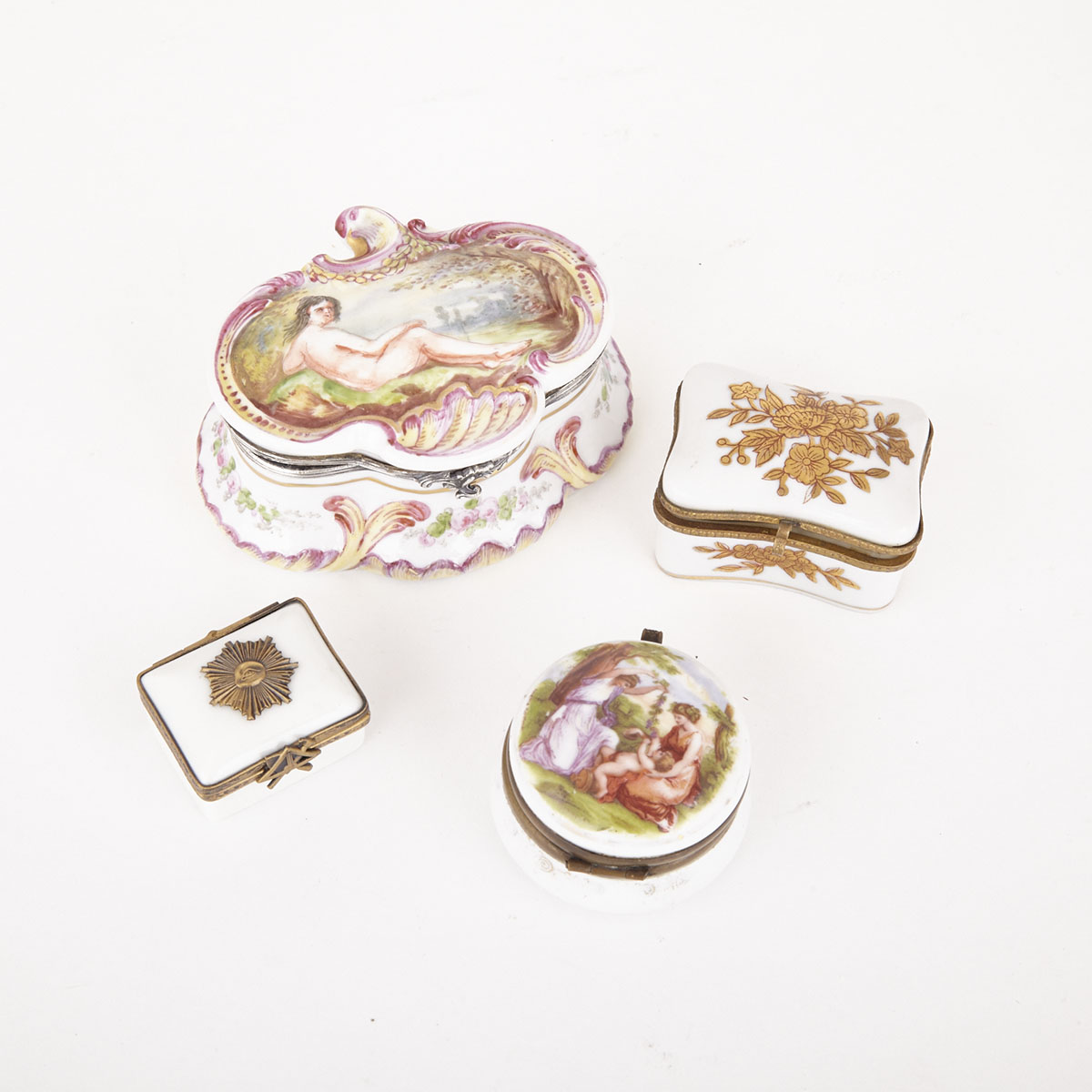 Naples Porcelain Dresser Box together with Three Limoges Porcelain Snuff Boxes, 20th century