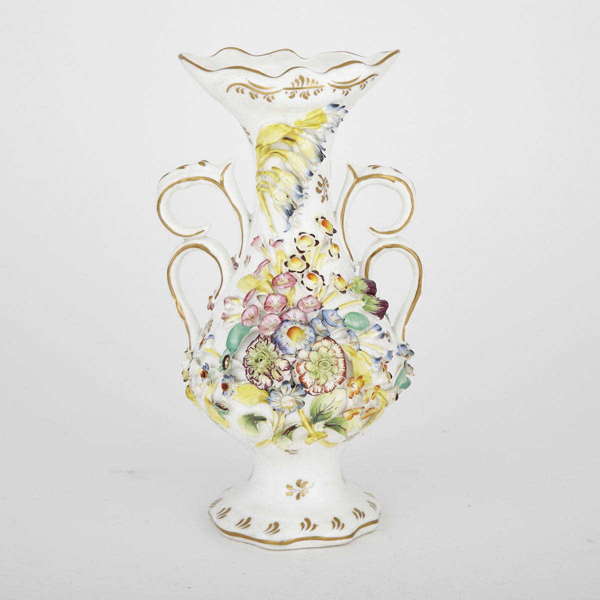 Coalbrookdale-Type Flower Encrusted Two-Handled Vase, mid-19th century