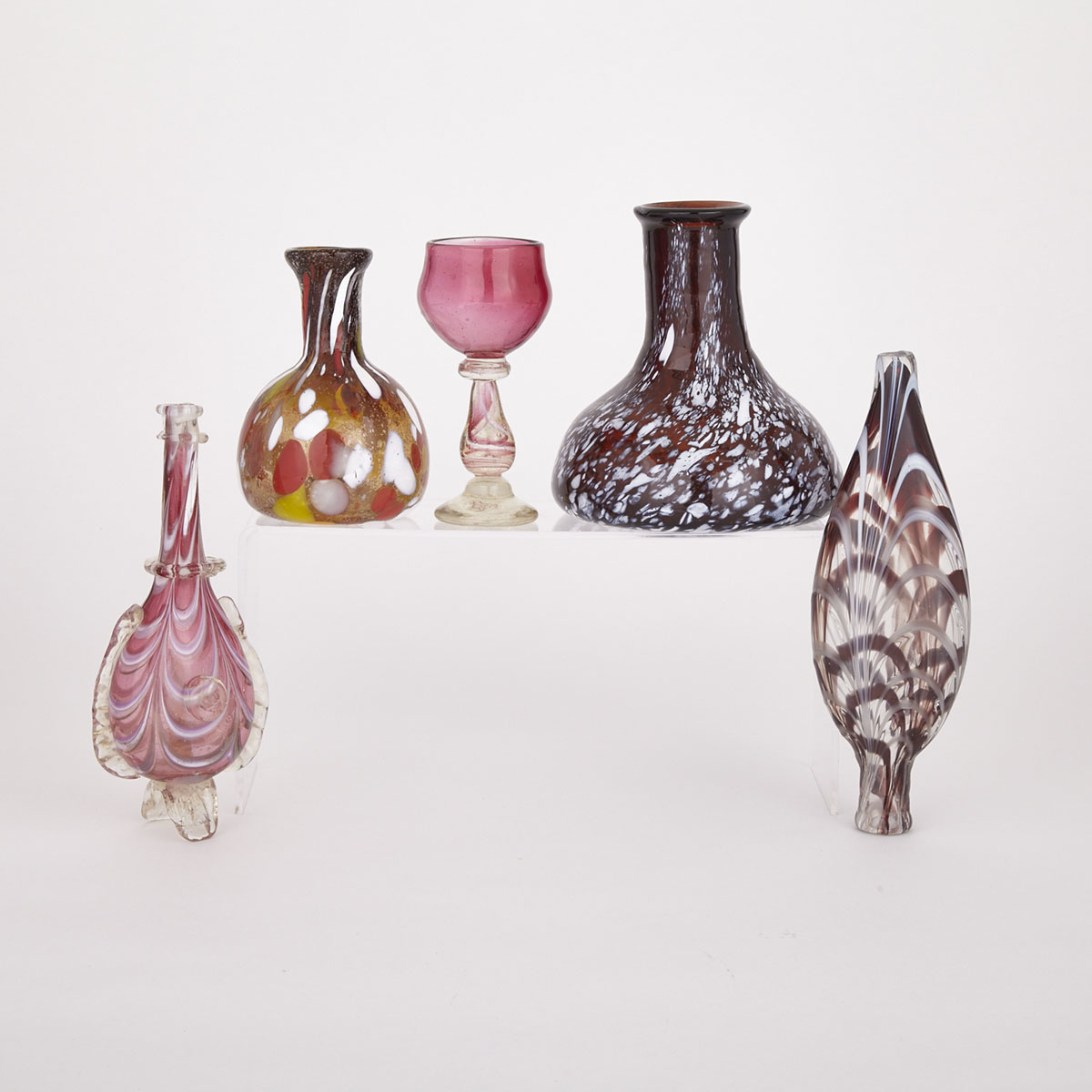 Two Nailsea-Type Coloured Glass Flasks, Two Carafes and a Goblet, 19th century