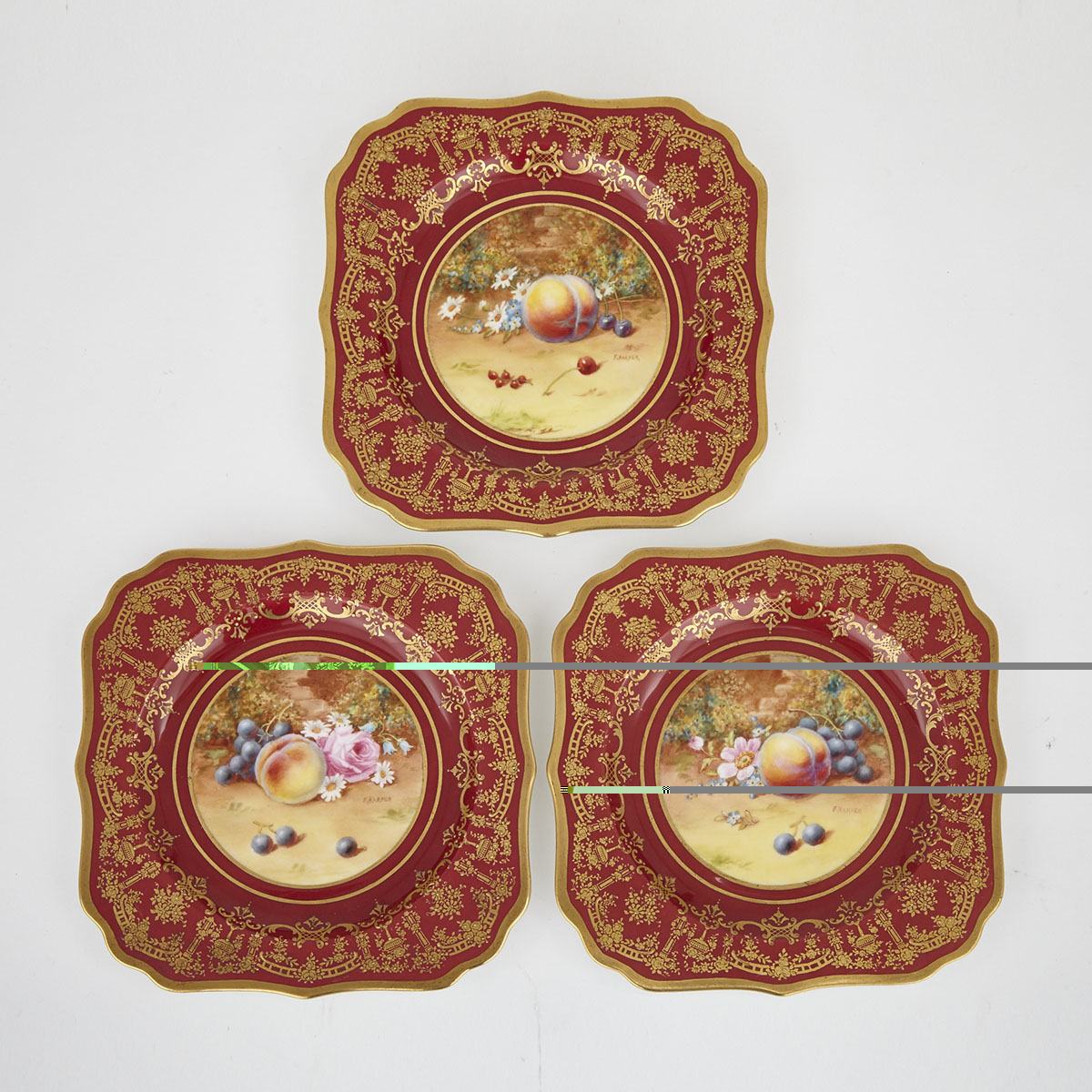 Three Royal Doulton Red-Ground Fruit Plates, Frank Harper, c.1927