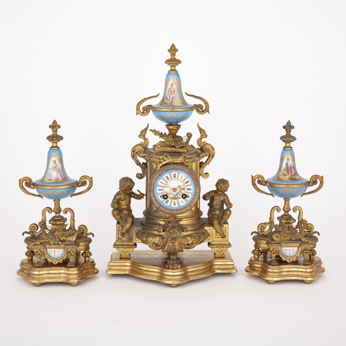 Louis XVI Style Sevres Porcelain Mounted Gilt Metal Clock Garniture, c.1870
