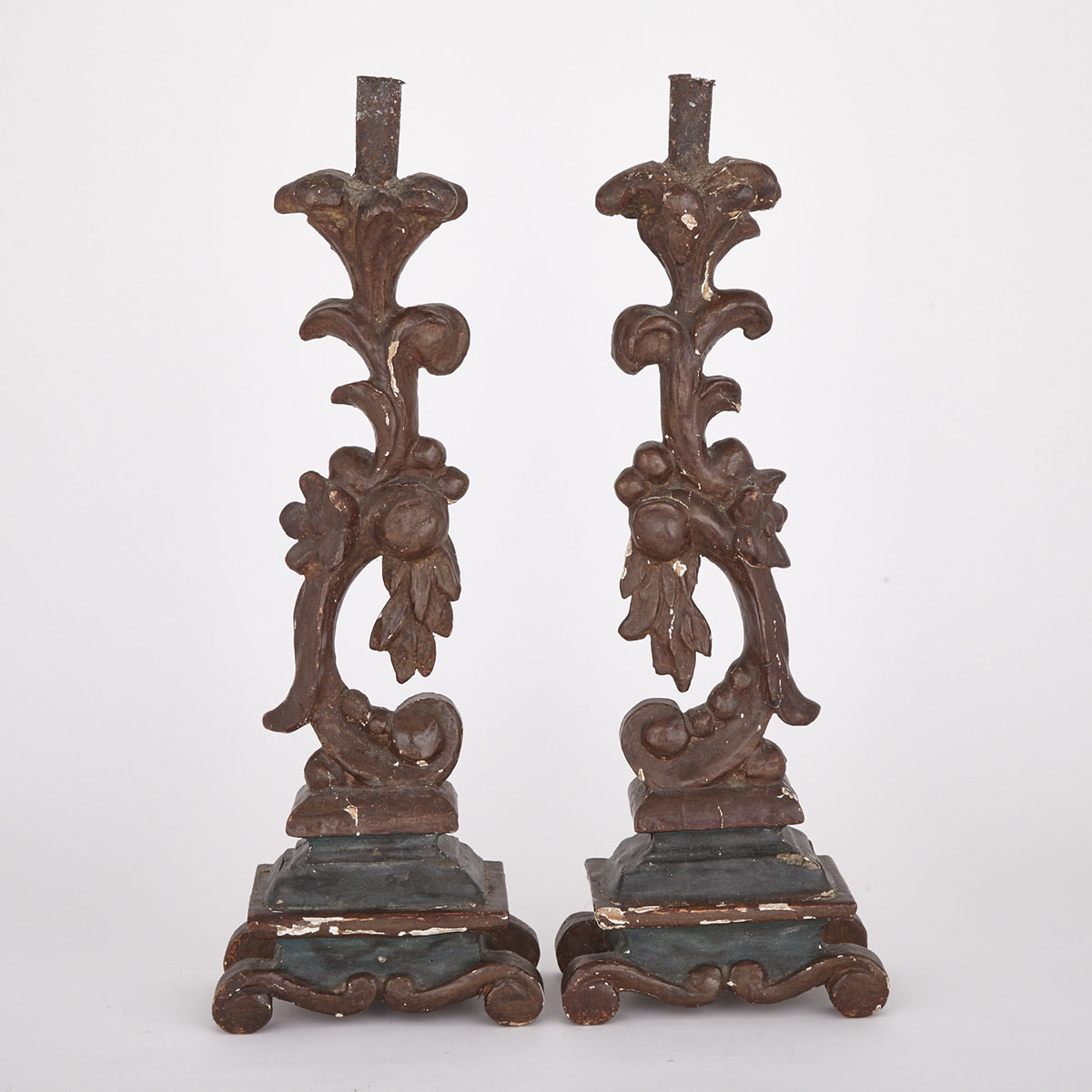Large Pair of Carved, Gessoed and Polycrhomed Candlesticks, early 19th century
