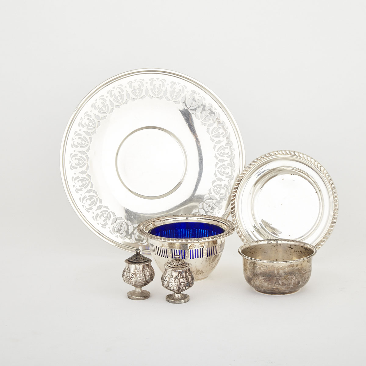 Pair of Indian Silver Pepper Casters, c.1900 and Canadian Silver Small Dish, Plate and Two Bowls, Henry Birks & Sons, Montreal, Que., 20th century