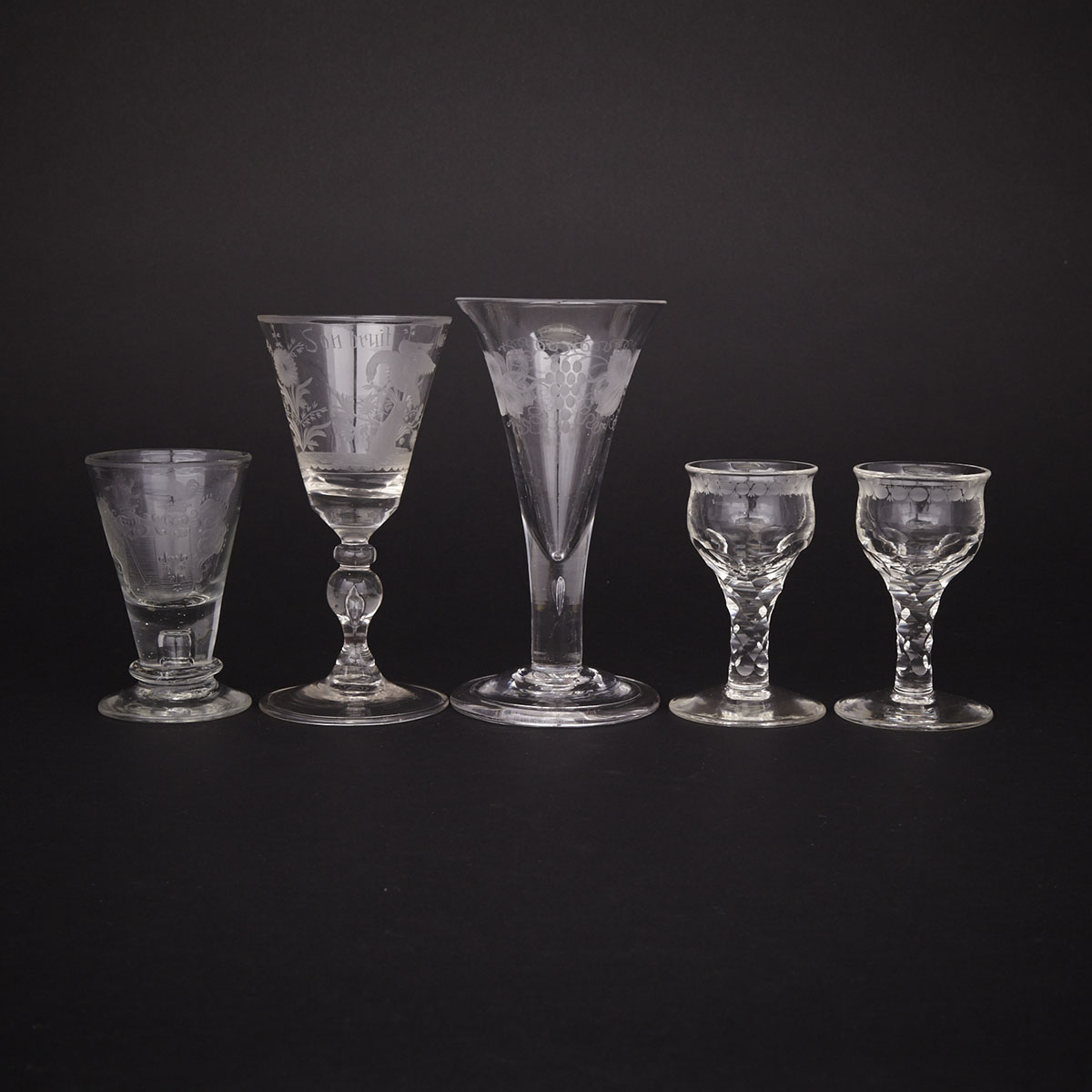 Five Various Engraved Drinking Glasses, 19th century
