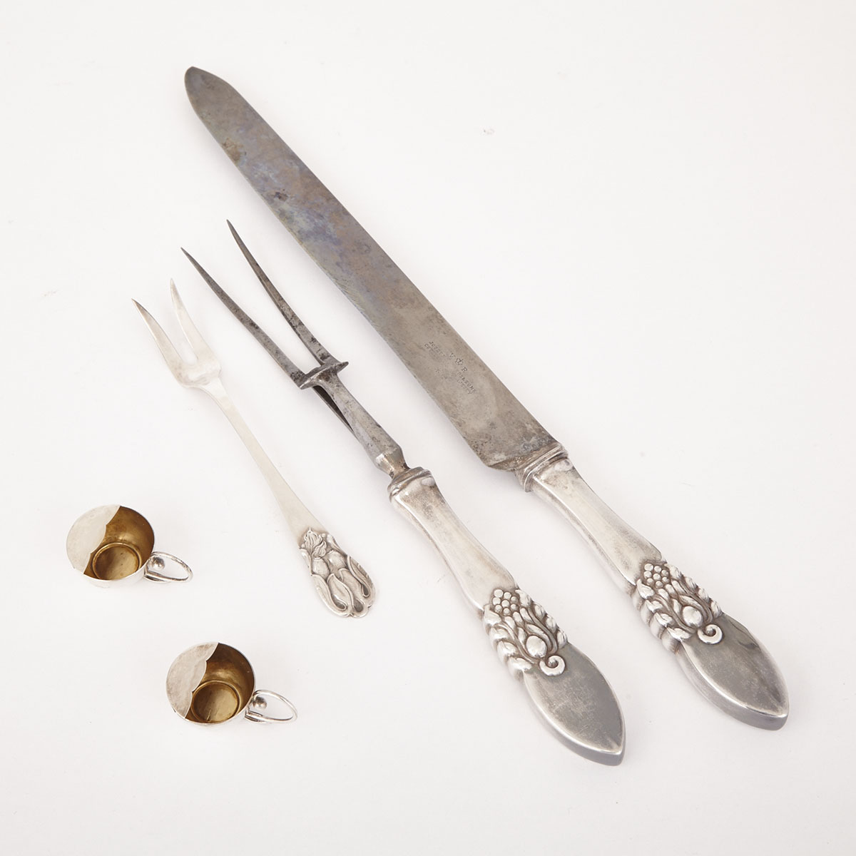 Canadian Silver Carving Knife and Fork, Pickle Fork and Pair of Individual Salts, Carl Poul Petersen, Montreal, Que., mid-20th century