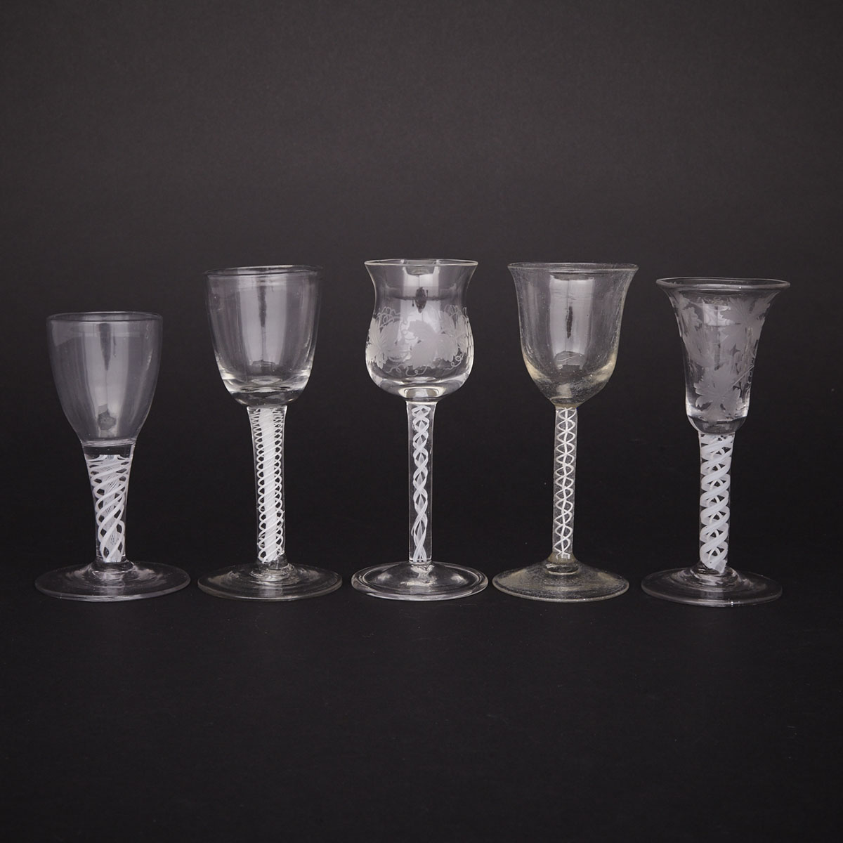 Five Continental Opaque Twist Stemmed Wine Glasses, late 18th century and later
