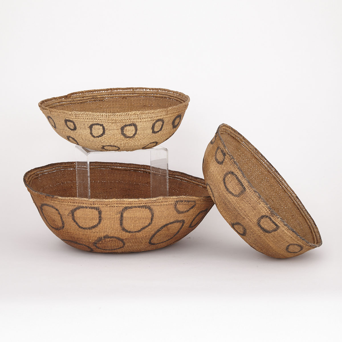 Three Woven Baskets with Painted Circle Decoration, early 20 century