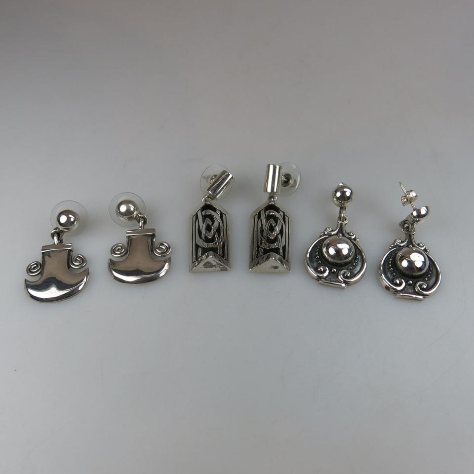 Three Pairs Of Mexican 950 Grade Silver Drop Earrings