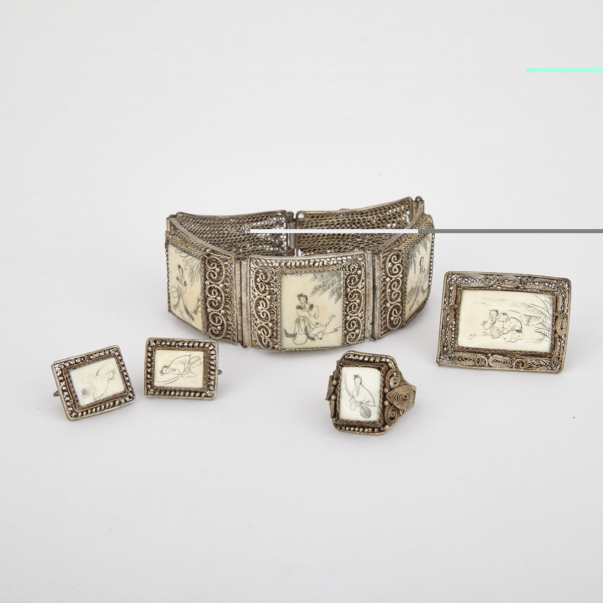 Carved Ivory Inlaid Jewelry Set, Early 20th Century