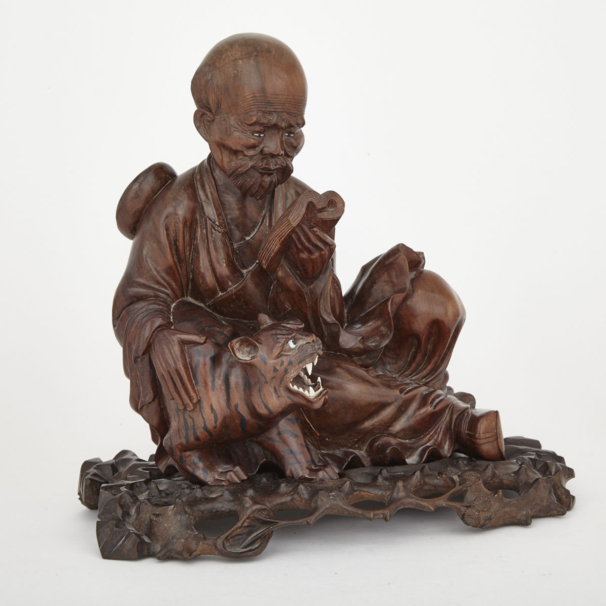 Hardwood Carving of a Man and a Tiger, 20th Century