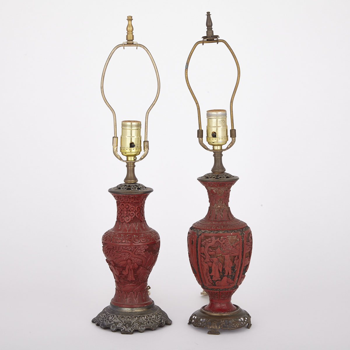 Matched Pair of Cinnabar Lacquer Lamps, Late 19th Century