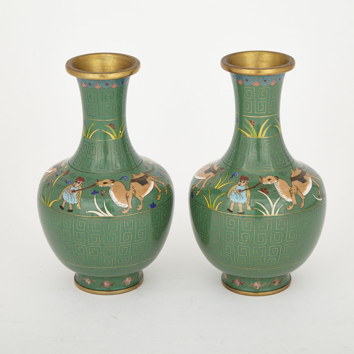 Pair of Emerald Ground Cloisonne Vases with Camels, Mid 20th Century 
