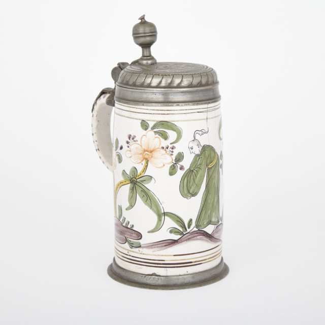 Pewter Mounted Delft Polychrome Tankard, 18th/19th century