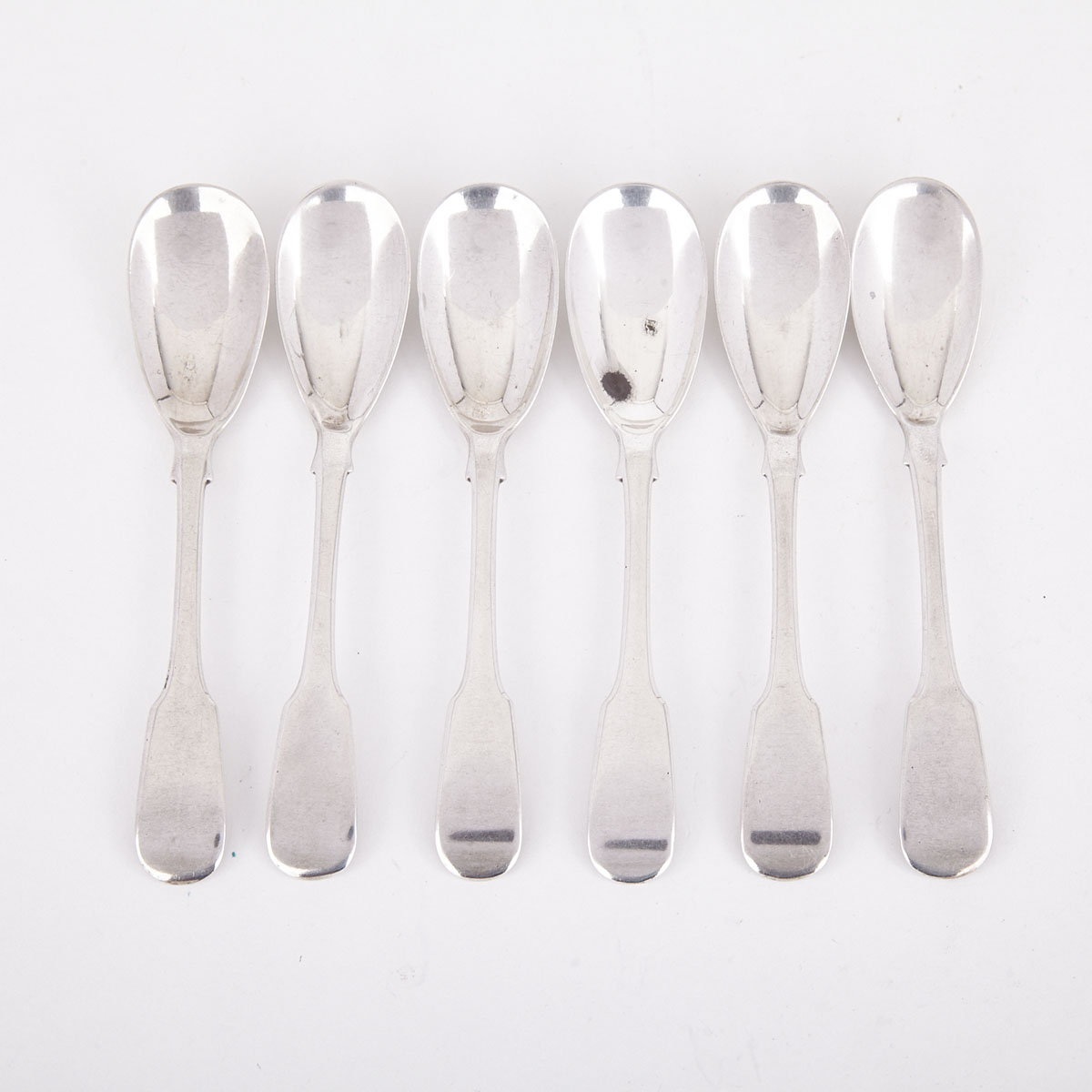 Six Canadian Silver Fiddle Pattern Egg Spoons, Laurent Amiot, Quebec City, Que., c.1830