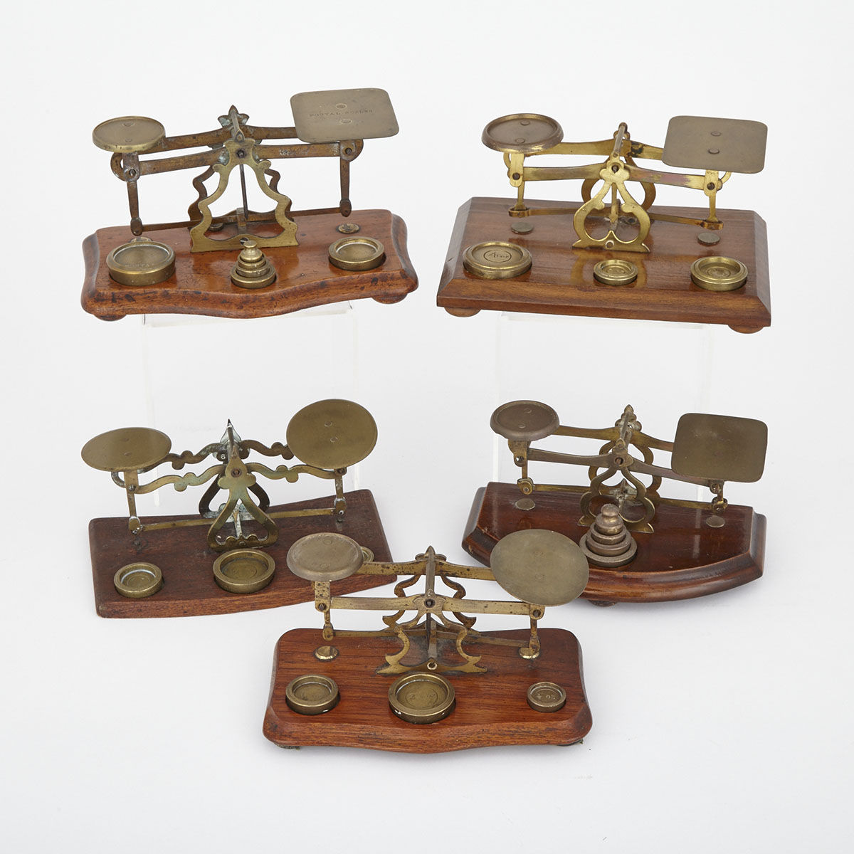 Six Sets of Victorian Brass and Mahogany Postal Letter Scales, 19th century