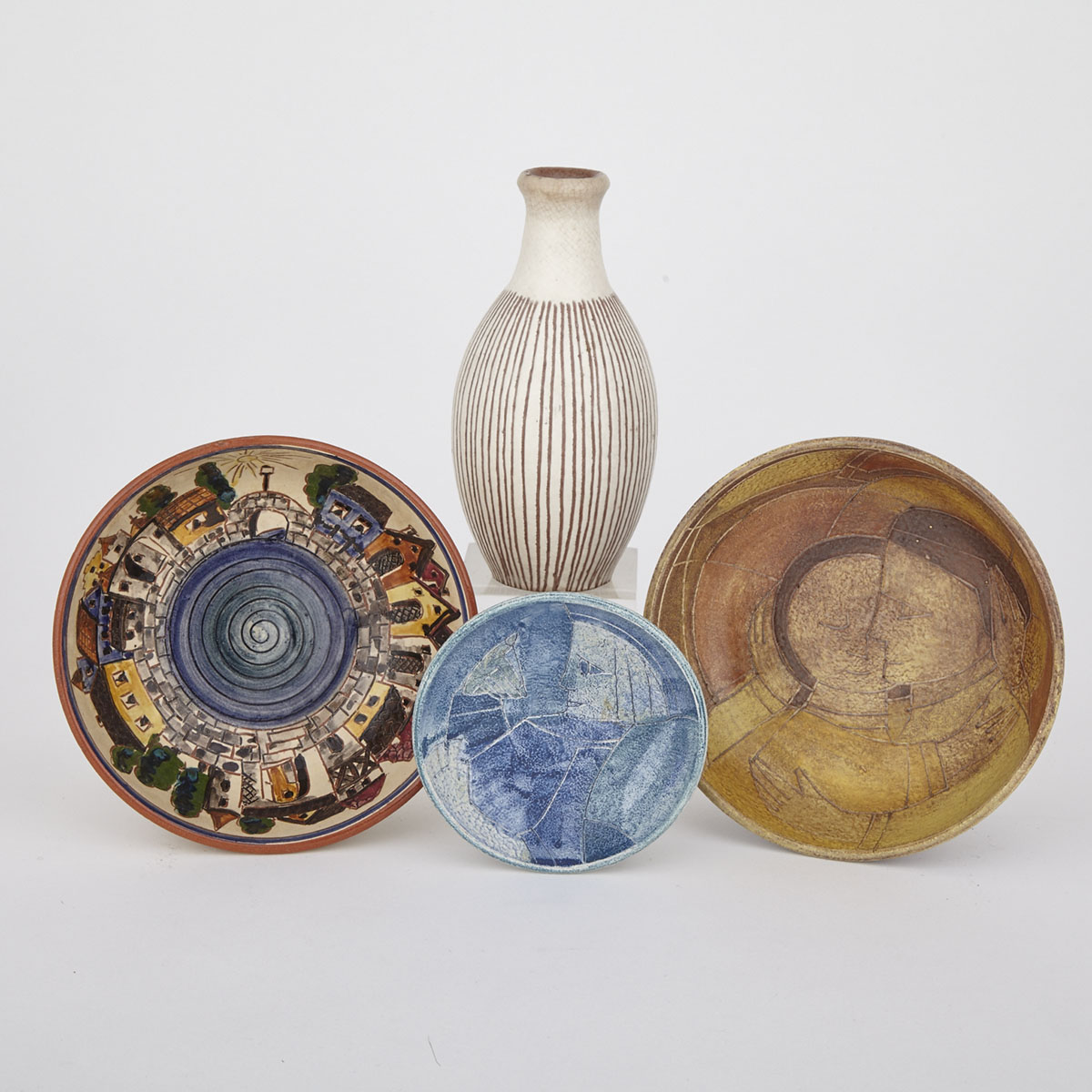 Brooklin Pottery Vase, Two Small Shallow Dishes and an Early Rothenburg Bowl, Theo and Susan Harlander, c.1950-75