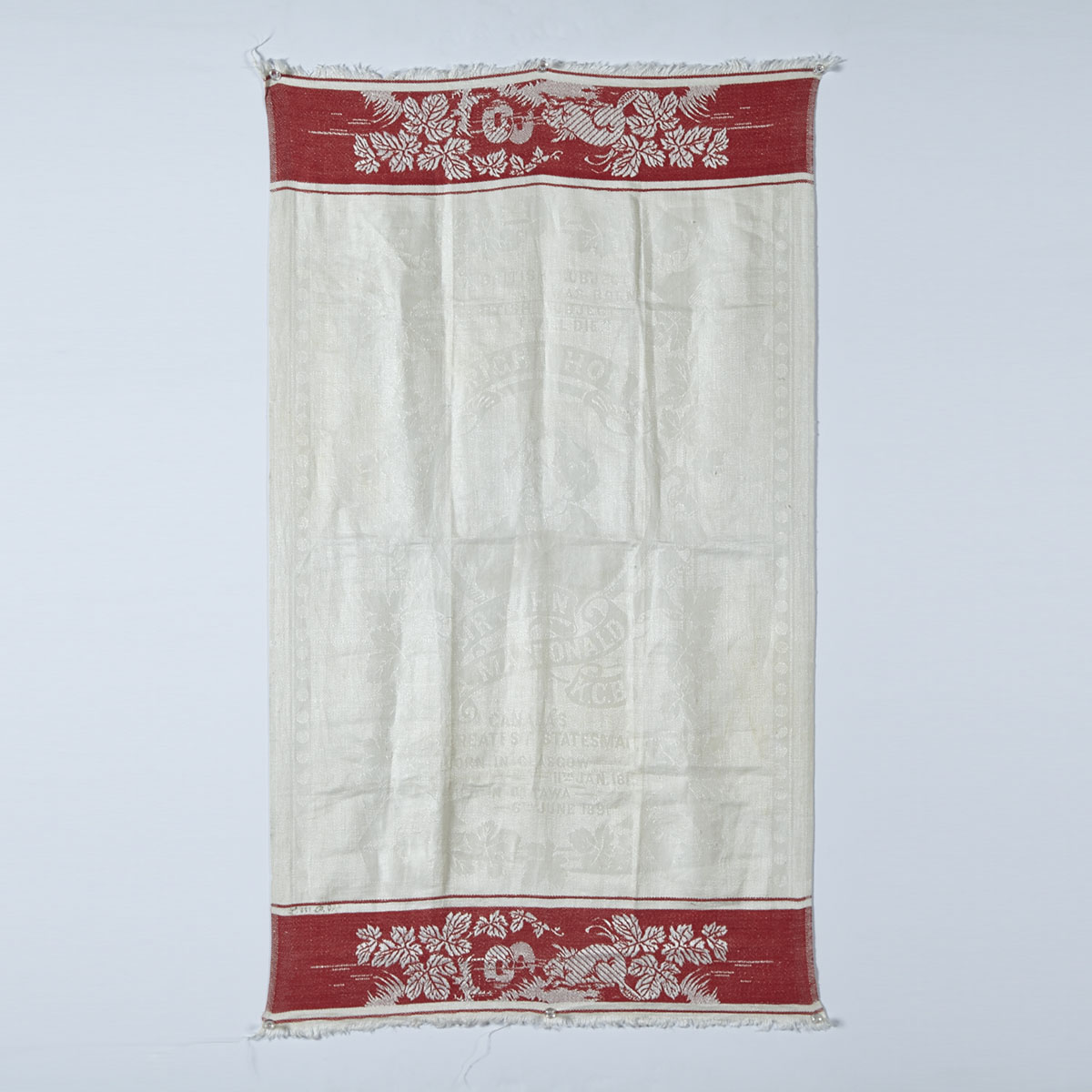 Sir John A. MacDonald Commemorative Linen Damask Tea Towel, c.1891