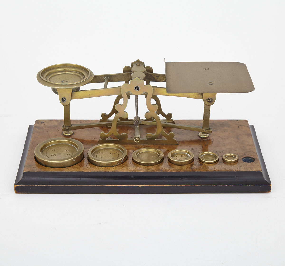 Set of Victorian Burr Walnut and Brass Postal Letter Scales, 19th century
