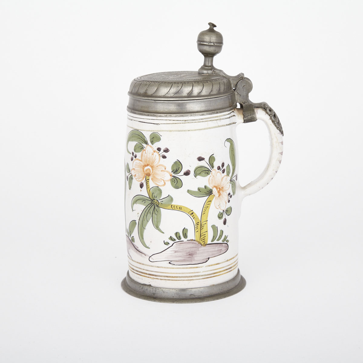 Pewter Mounted Delft Polychrome Tankard, 18th/19th century
